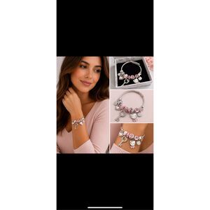 Hello Kitty Charm Bracelet Pink Crystal Dangle Charm Bangle Gift Box Included